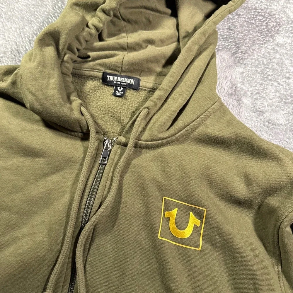 True Religion Mens Olive Green Full Zip Hoodie Gold Logo Sleeve Graphic XL